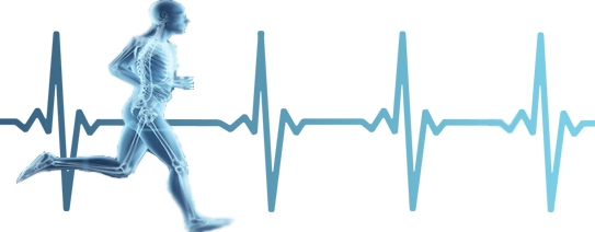 icone pluse, homme qui s'entraine à courir sur un fond de pulsation cardiaque, en bleu